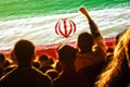 Defocus protest in Iran. Conflict war over border. World crisis. Country flag. Woman low rights. Male hands. Out of