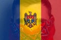 Defocus protest in Moldova. Moldova flag painted on man face portrait background. Strength, Power, Protest and punch