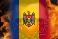 Defocus protest in Moldova. Moldova flag painted on man face portrait background. Strength, Power, Protest and punch