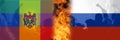 Defocus protest in Moldova. Moldova flag and Russia flag painted on many people background. Strength, Power, Protest and