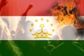 Defocus protest in Tajikistan. Conflict war between Kyrgyzstan and Tajikistan over border. Conflict. Country flag. Fire