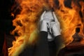Defocus screaming, hate, rage. Crying emotional angry woman screaming on flame background. Emotional, young face Royalty Free Stock Photo