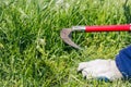 Defocus scythe with green grass. Close-up farmer sharpening his scythe for using to mow the grass traditionally. Red Royalty Free Stock Photo