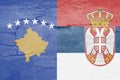 Defocus Serbia flag, official colors and proportion correctly. National Serbia flag. Stone wall background. Crack