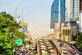 Defocus of Traffic jam on Rama 4 Road in the evening after work, at Bangkok, Thailand, Transportation system, Driving on the road Royalty Free Stock Photo