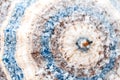 Defocus twist and shakes snowy blue and brown umbrella outside on nature winter snowy forest background. Cold weather