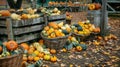 Defocused Against a backdrop of weathered barnwood baskets overflowing with gourds and squashes are tered across the
