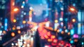 Defocused background image of a bustling cityscape with blurred lights and shadows hinting at a connected transport