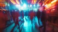Defocused background image of a crowded energetic dance floor with bright lights and fastmoving figures perfectly