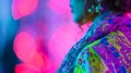 Defocused background image of vibrant and eclectic ComicCon Style Colourful attire. Blurred flashes of neon green hot Royalty Free Stock Photo