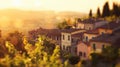 Defocused background of a quaint tuscan village bathed in the ethereal glow of the sunrise.