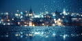 Defocused blue bokeh urban city background effect after rain, abstract banner