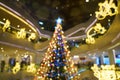 Defocused star on top christmas tree decorative light, abstract blurred colorful background