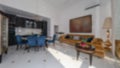 Defocused and Blur Photo of Luxury and Modern Kitchen Dining Room with Pantry Interior Design.