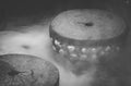 Defocused and blurred image for background. Hot Springs, Boiling and steaming water in geyser vent. Steaming geothermal hot water