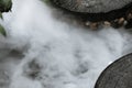 Defocused and blurred image for background. White steam,Hot Springs, Boiling and steaming water in geyser vent, Large stones