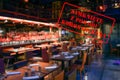 Defocused view of interior of an upmarket restaurant, empty and closed with Polish notice Closed due to Coronavirus Royalty Free Stock Photo