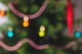 Defocused christmas background. Christimas tree, decoration and lights