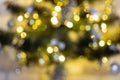 Defocused Christmas tree garland illumination. Blurred sparkling fairy background. Silver and gold lights, bokeh effect Royalty Free Stock Photo