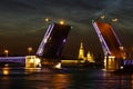 Defocused city landscape of raised Palace bridge above river Neva. Colorful glare on the water.White night in Saint-Petersburg,