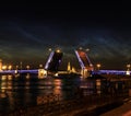 Raised Palace bridge, river Neva, Rostral Column, Peter and Paul Cathedral. White night in Saint-Petersburg, Russia Royalty Free Stock Photo