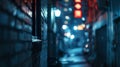 Defocused City Lights The distant skyline is awash in a sea of blurred neon a stark contrast to the shadowy alley below.