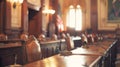 Defocused Courtroom Panorama A grand hazy view of a courtroom filled with ornate wooden furnishings and soft natural