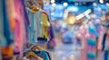 Defocused display of colorful clothing racks in a bustling department store creating a dreamy and enticing scene.