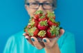 Defocused elderly woman holding plate of fresh ripe strawberries. Blue background