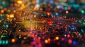 Defocused Glowing Circuit Board A labyrinth of tangled circuits illuminated by a rainbow of blurred lights forming a