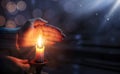 Defocused Hope Concept - Hands Holding Candle With Shining Flame Royalty Free Stock Photo