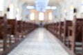 Defocused interior of Catholic church with pews Royalty Free Stock Photo