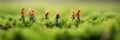 People walking among young and green hemp field spikelets. AI generative illustration