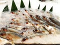 Defocused and noise image of Fresh milk fish & x28;ikan bandeng& x29; placed on ice sold at fish section in supermarket.