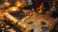 Defocused objects of wonder fill the background image of Treasures Untold with golden jewels mysterious scrolls and