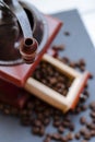 Defocused photo of coffee beans and mill