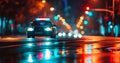 defocused police car with flashing lights at night in city street Royalty Free Stock Photo