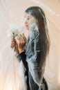 defocused profile portrait sad woman air pollution Royalty Free Stock Photo