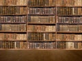 Defocused shelves of old antique books for background to video conference