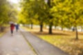 Defocused sidewalk in the autumn. People walking the street in autumn