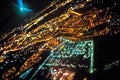 Dark background view of city with lights from aeroplane. Night lights in the city Royalty Free Stock Photo