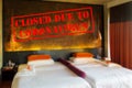 Defocused view of interior of an upmarket hotel room, empty and closed due to coronavirus Royalty Free Stock Photo