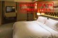 Defocused view of interior of an upmarket hotel room, empty and closed due to coronavirus Royalty Free Stock Photo