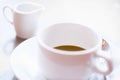 Defocused view of white cup of hot coffee . Royalty Free Stock Photo