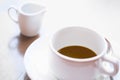 Defocused view of white cup of hot coffee . Royalty Free Stock Photo