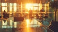 Defocused warmtoned background of a corporate meeting room filled with natural light and sleek modern furniture. Blurred