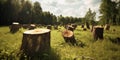 deforestation felling wood tree cut and forest landscape concept of forestry logging business forest cutting environmental