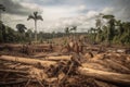 deforestation and habitat destruction in a tropical rainforest, with trees being felled and animals fleeing