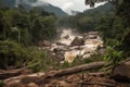 deforestation and habitat destruction in tropical rainforest with view of magnificent waterfall