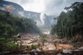 deforestation and habitat destruction in tropical rainforest with view of magnificent waterfall